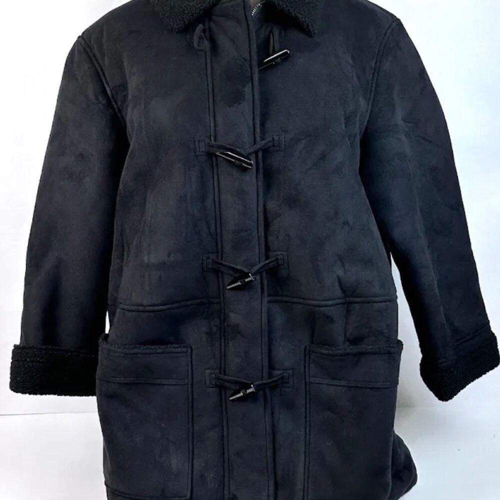 Cozy black faux suede toggle coat with soft sherpa fleece lining and trim